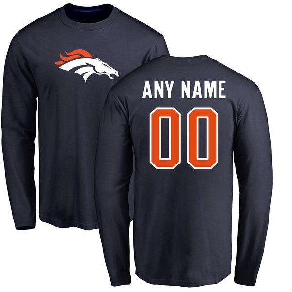 Men Denver Broncos NFL Pro Line Navy Custom Name and Number Logo Long Sleeve T-Shirt